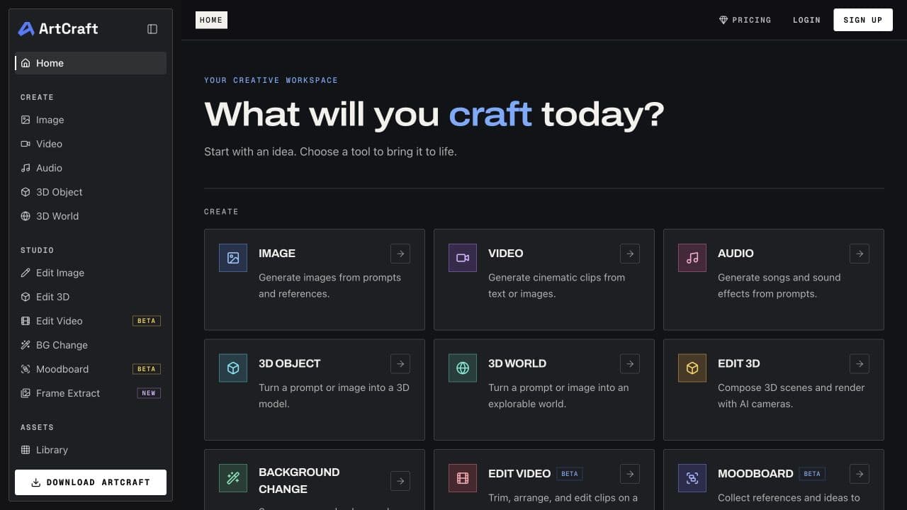 ArtCraft’s real workspace for images, video and 3D