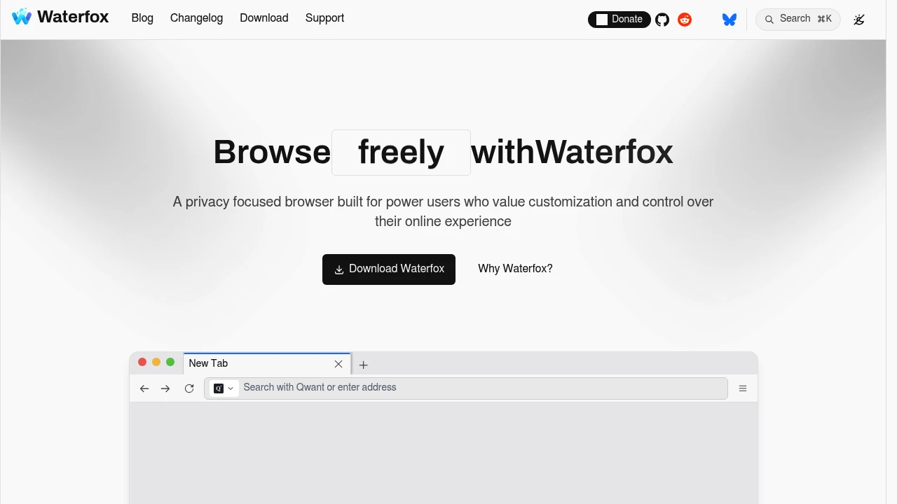 Waterfox product interface