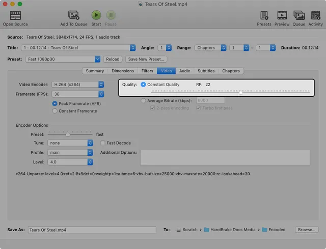 HandBrake · Archived HandBrake 1.1.0 macOS quality-control interface